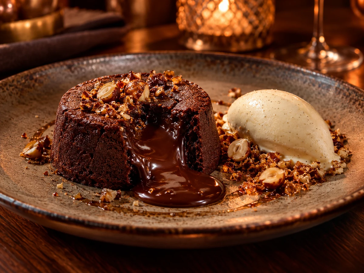 Chocolate fondant with molten chocolate · vanilla · hazelnut praline